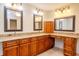 Bathroom with dual sinks, vanity, mirrors, and cabinetry with granite countertops, offering practical storage at 3428 Valley Ranch Dr, Lutz, FL 33548