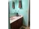 This bathroom has beautiful turquoise colored walls and custom decorations at 6488 Robinswood Ave, Brooksville, FL 34602