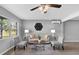 Inviting living room features stylish grey walls, ceiling fan and comfortable seating area with modern decor at 824 35Th Avenue W Dr, Palmetto, FL 34221