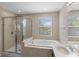 Bright bathroom featuring a glass-enclosed shower, soaking tub, and a marble-topped vanity at 10837 Breaking Rocks Dr, Tampa, FL 33647
