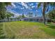 Expansive backyard with lush lawn, mature trees, and screened-in pool area, perfect for outdoor enjoyment at 1212 Royal Oak Dr, Dunedin, FL 34698