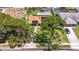 Aerial view of a single-Gathering home featuring a beautiful backyard, pool, solar panels, and well-maintained landscaping at 2401 66Th S Ave, St Petersburg, FL 33712