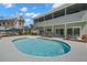 Rear exterior view showing in-ground pool, patio, and lush tropical landscaping at 261 Kentucky Ave, Crystal Beach, FL 34681