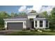 Charming single-story home with a gray roof, stone accents, lush landscaping, and a two-car garage at 29825 Imperati Blvd, Wesley Chapel, FL 33543