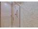 Tiled shower with glass doors and a handrail, complemented by floral wallpaper at 29903 Baywood Ln, Wesley Chapel, FL 33543