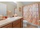 Well-lit bathroom with a vanity, framed mirror, and a decorative shower curtain at 1022 Chandler Snowden Ct, Ruskin, FL 33570