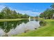 Scenic pond with a fountain, surrounded by lush greenery and trees, creating a tranquil community space at 18939 Duquesne Dr, Tampa, FL 33647