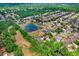 Aerial view of home near a pond in a densely populated neighborhood filled with mature trees at 1934 Samantha Ln, Valrico, FL 33594