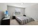 Modern bedroom featuring neutral carpet, a tv, and a window overlooking the backyard at 20102 Oakflower Ave, Tampa, FL 33647