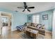 Comfortable living room featuring a plush sofa, stylish coffee table, and a ceiling fan for added comfort at 2035 29Th N Ave, St Petersburg, FL 33713