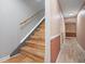Bright staircase with wood treads and risers, wood handrail, wall trim and neutral color scheme throughout the interior at 3413 W Kirby St, Tampa, FL 33614