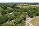 Aerial shot of a property with dense tree coverage and views of nearby homes, fields, and distant water at 3544 Porter Rd, Lithia, FL 33547