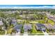Scenic aerial view of the home nestled among mature trees and lush landscaping near a tranquil pond at 3891 Reflection Dock Dr, Seffner, FL 33584