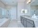 Elegant bathroom features a soaking tub, glass shower, dual sinks, and gray cabinets at 5728 Watercolor Dr, Lithia, FL 33547