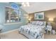 Inviting bedroom with patterned bedding, large window, and light blue walls offering a serene atmosphere at 919 Ballinger Rd, Lutz, FL 33548
