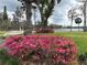 Beautiful landscaping with vibrant pink flowers, a gazebo, and waterfront views, enhancing the outdoor space at 919 Ballinger Rd, Lutz, FL 33548