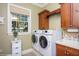 Well-equipped laundry room with modern washer and dryer, ample cabinet space, and a scenic window view at 919 Ballinger Rd, Lutz, FL 33548