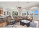 Spacious living room with a comfortable sectional, fireplace, and large windows offering lake views at 919 Ballinger Rd, Lutz, FL 33548