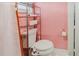 Modern toilet with shelving and pink brick-design walls in a stylish bathroom at 1010 Oakhill St, Seffner, FL 33584