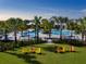 Resort-style pool surrounded by palm trees and lounge seating area at 10153 Spruce River Way, Parrish, FL 34219