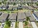 Aerial view showcasing neat rows of houses with gray roofs, green lawns, and driveways, a perfect neighborhood at 10210 White Linen Ave, Riverview, FL 33578