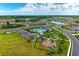 Panoramic aerial view of the community, featuring a pool, playground, common areas, and surrounding neighborhood at 10732 Chippewa Dr, Parrish, FL 34219