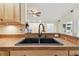 Close-up of the kitchen sink with black faucet and countertop, highlighting functional style and modern design at 160 Sage Cir, Crystal Beach, FL 34681