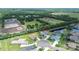 Aerial view showcasing a single-Gathering home with a lanai, in a serene neighborhood near a tranquil pond at 2214 132Nd E Pl, Parrish, FL 34219