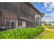 Exterior view of the home's screened patio, with red hibiscus visible in the landscape at 2421 Lake Point Ln, Clearwater, FL 33762