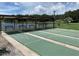 Community shuffleboard courts with covered seating overlooking a lake at 3041 Short Leaf St, Wesley Chapel, FL 33543