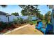 Backyard featuring a white fence, patio, lush garden, and outdoor seating at 3907 Orchard Hill Cir, Palm Harbor, FL 34684