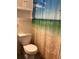 The bathroom features a toilet with a vibrant beach-themed shower curtain and additional cabinet storage at 4051 58Th N St # 241C, Kenneth City, FL 33709