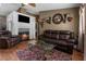 Comfortable living room featuring a brick fireplace, plush leather furniture, and a decorative rug at 6028 Central Ave, New Port Richey, FL 34653