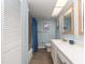 Well-lit bathroom featuring double vanity, wood look floors and new fixtures at 105 Woodlake Wynde, Oldsmar, FL 34677