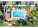 Aerial view of a community pool with lounge chairs, umbrellas, and lush landscaping at 105 Woodlake Wynde, Oldsmar, FL 34677