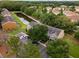 Aerial shot showcasing a townhome community with lush greenery and a tranquil pond at 1118 Kennewick Ct, Wesley Chapel, FL 33543