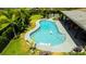 Aerial view of the kidney-shaped pool surrounded by lush landscaping and a patio area at 13916 Wellesford Way, Tampa, FL 33624