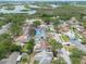 Aerial view of the neighborhood showcasing a home with a pool, surrounded by lush greenery and a lake at 1472 Bay View St, Tarpon Springs, FL 34689