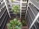 Building's courtyard showing lush palms and plants in a tranquil setting below open-air walkways at 2699 Seville Blvd # 802, Clearwater, FL 33764