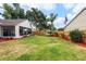 Well-maintained backyard with a hammock, palm tree, and fresh lawn at 29713 Bright Ray Pl, Wesley Chapel, FL 33543