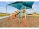Community playground with a bright blue sunshade, slide, and climbing structure for outdoor enjoyment at 32231 Conchshell Sail St, Wesley Chapel, FL 33545