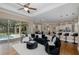 Open concept living room with hardwood floors and sliders that overlook the pool at 502 Creekside Ct, Safety Harbor, FL 34695
