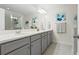 Bathroom features a double sink with gray cabinetry and quartz countertops, plus decorative floral wall art at 14110 Damselfly Dr, Tampa, FL 33625
