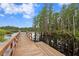 A wooden dock extends into the lake, framed by trees and a bright sky with reflections in the water at 14110 Damselfly Dr, Tampa, FL 33625