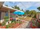 Charming backyard patio area with manicured garden beds and a glimpse of the refreshing pool at 2620 49Th N Ave, St Petersburg, FL 33714