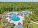 Aerial view of the community pool featuring palm trees, lounge chairs, water slide and lap pool surrounded by lush landscaping at 4166 Epic Cv, Land O Lakes, FL 34638