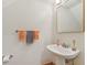 Cozy half bathroom with a pedestal sink, decorative mirror, and orange towels at 5817 Myrtle Ln, Tampa, FL 33625