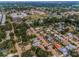 Gorgeous aerial view of a neighborhood with trees, swimming pools, streets, and a baseball field at 629 Lexington St, Dunedin, FL 34698