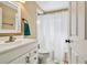 Bright bathroom features a white vanity, toilet, and a shower with white curtain at 8736 Huntfield St, Tampa, FL 33635