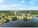 Expansive aerial view reveals a tranquil waterfront community, framed by lush greenery and dotted with private docks at 8848 Sunlit Cove Ne Dr, St Petersburg, FL 33702